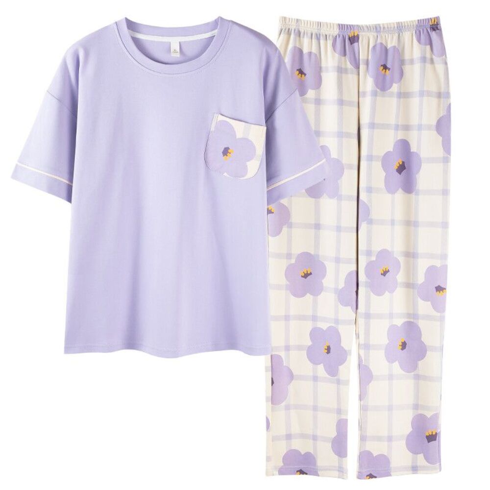 Cotton Women Pajama Set 2 Pcs Short Sleeve Pullover Top Sleepwear Long PJ Pants